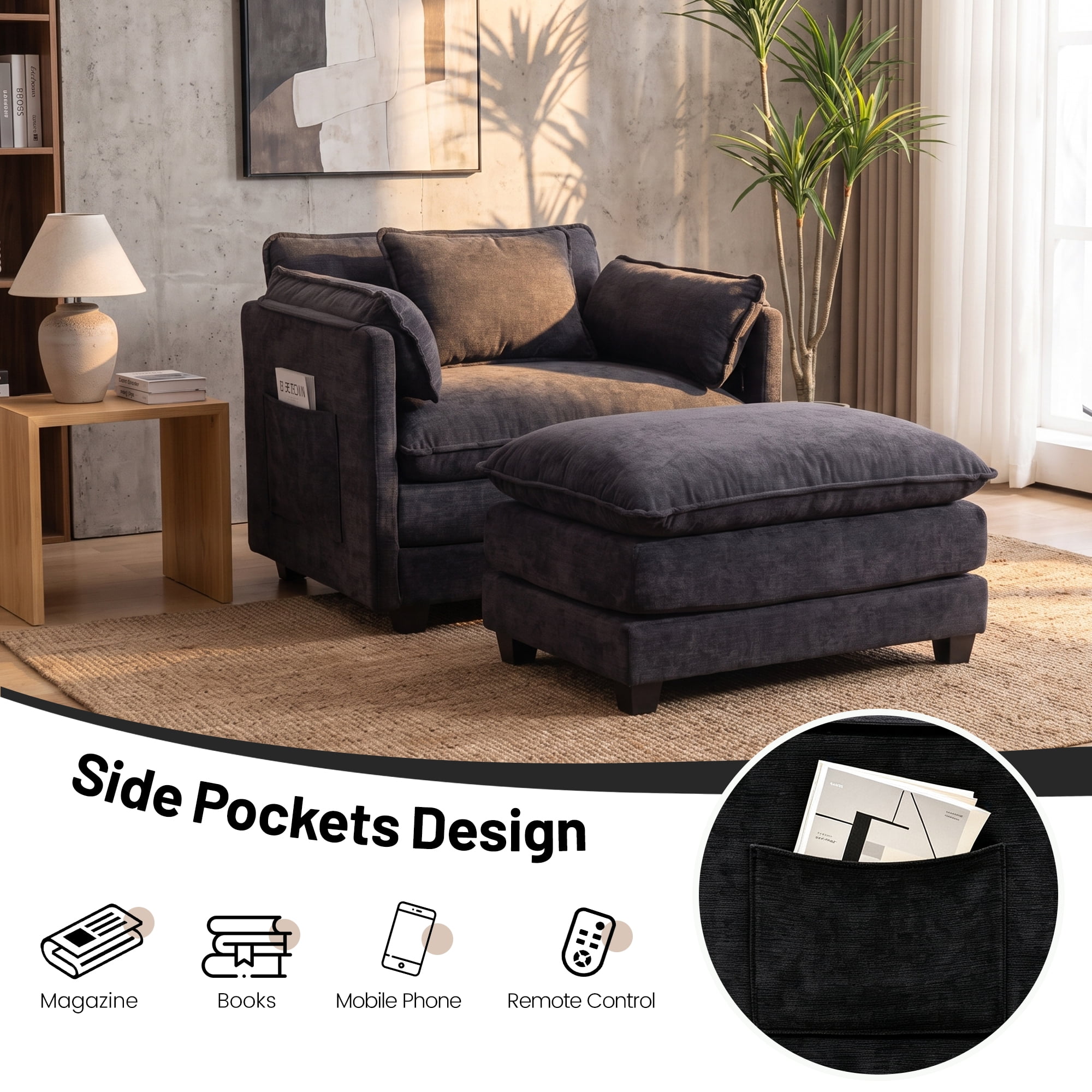 39.76" Oversize Accent Chair wirh Ottoman Armchair Set with Side Pocket