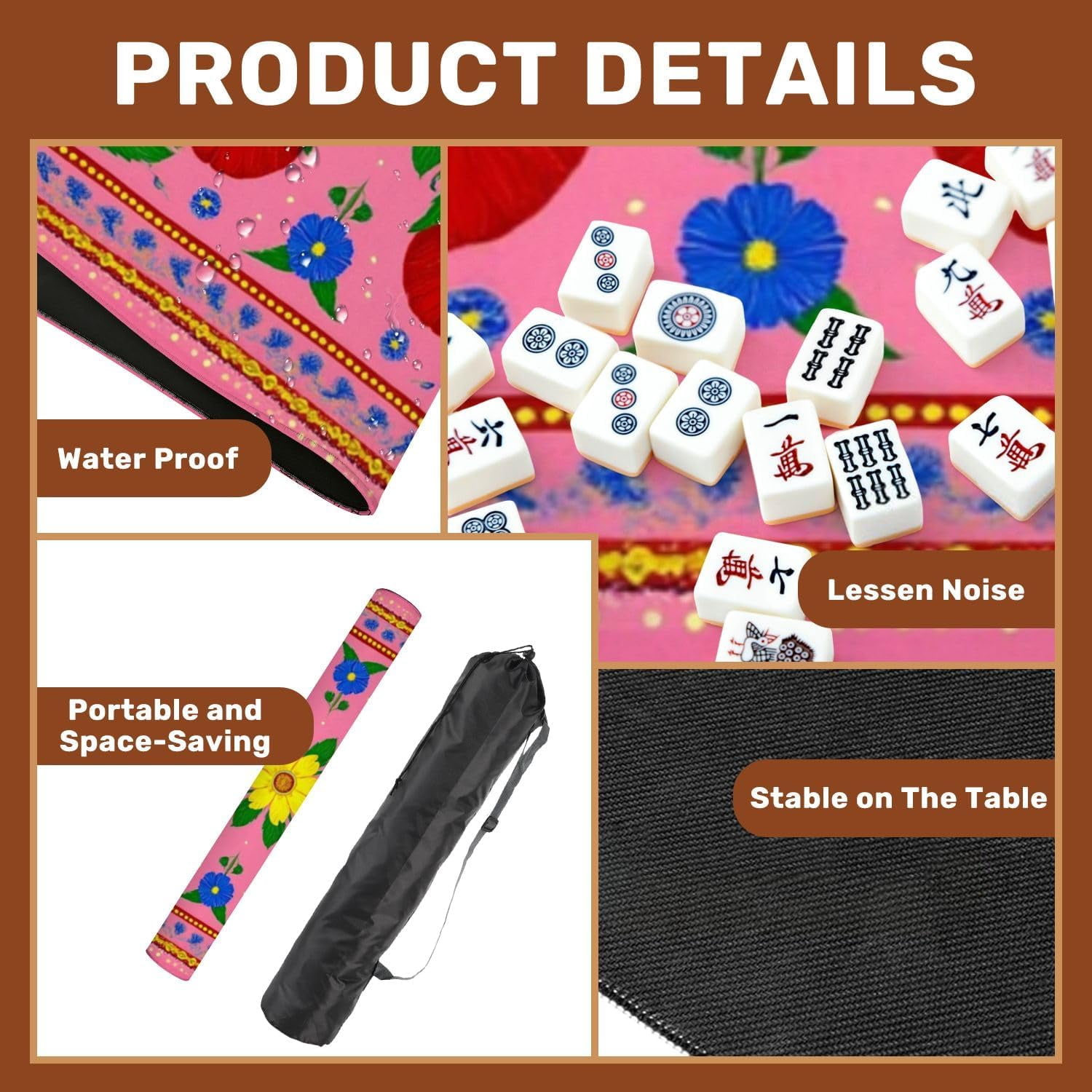 Mahjong Mat 31.5" x 31.5" Bright Floral Red Yellow Daisy Pink Non-Slip Noise Reduction Mahjong Tiles Table Cover for Dominoes Poker Card Board and Tile Games Gift