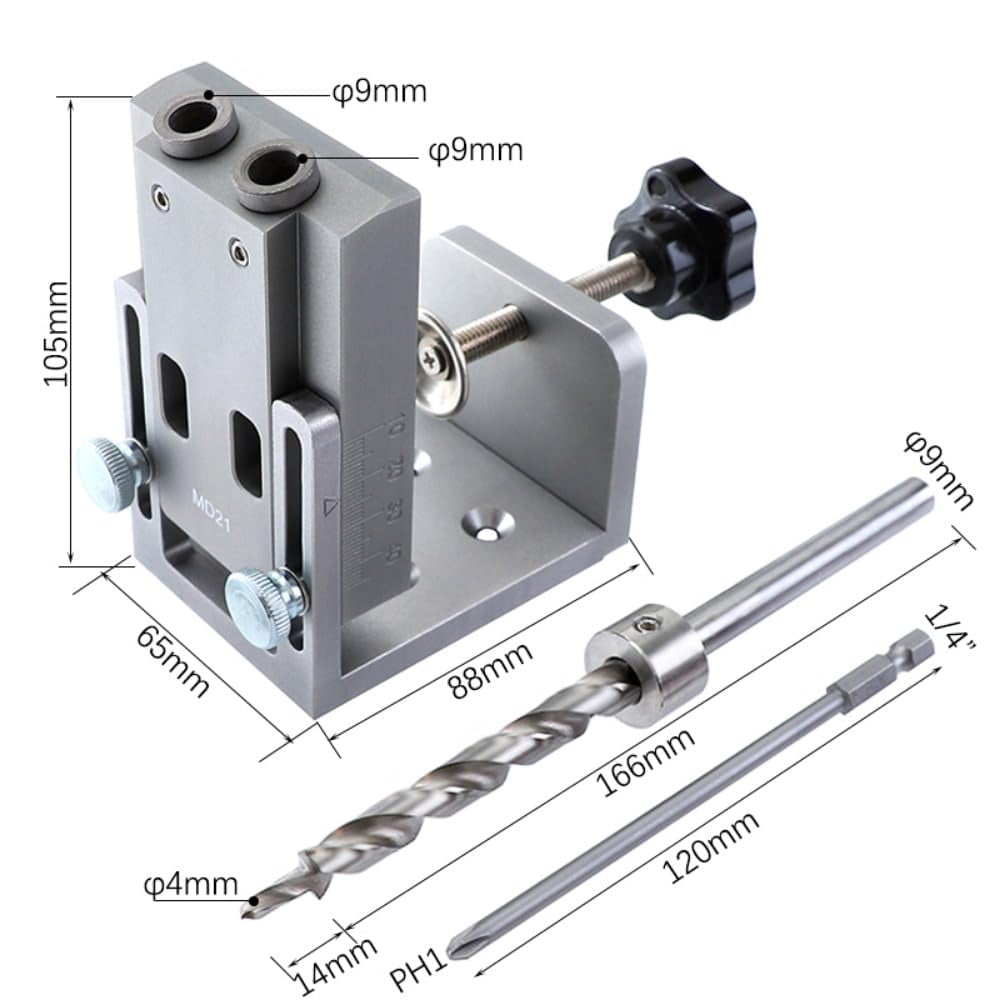 Aluminum Alloy Pocket Hole Jig Kit with 9mm Step Drill Bit Wood Doweling jig Drilling Hole Guide Locator Tools for Carpentry