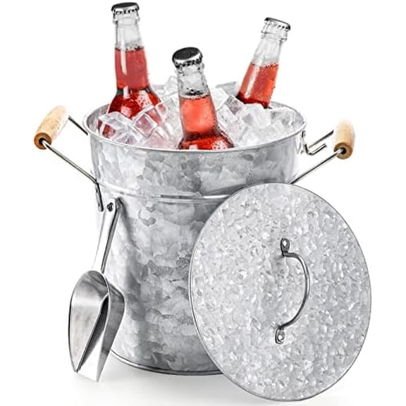 Farmhouse 4 Liter Ice Bucket with Lid, Galvanized Metal Beverage Tub with Scoop and Handles, Drink and Wine Chiller for Bar, Party, BBQ, Great for Indoor and Outdoor Use$$Home Decor, Kitchen, & Other