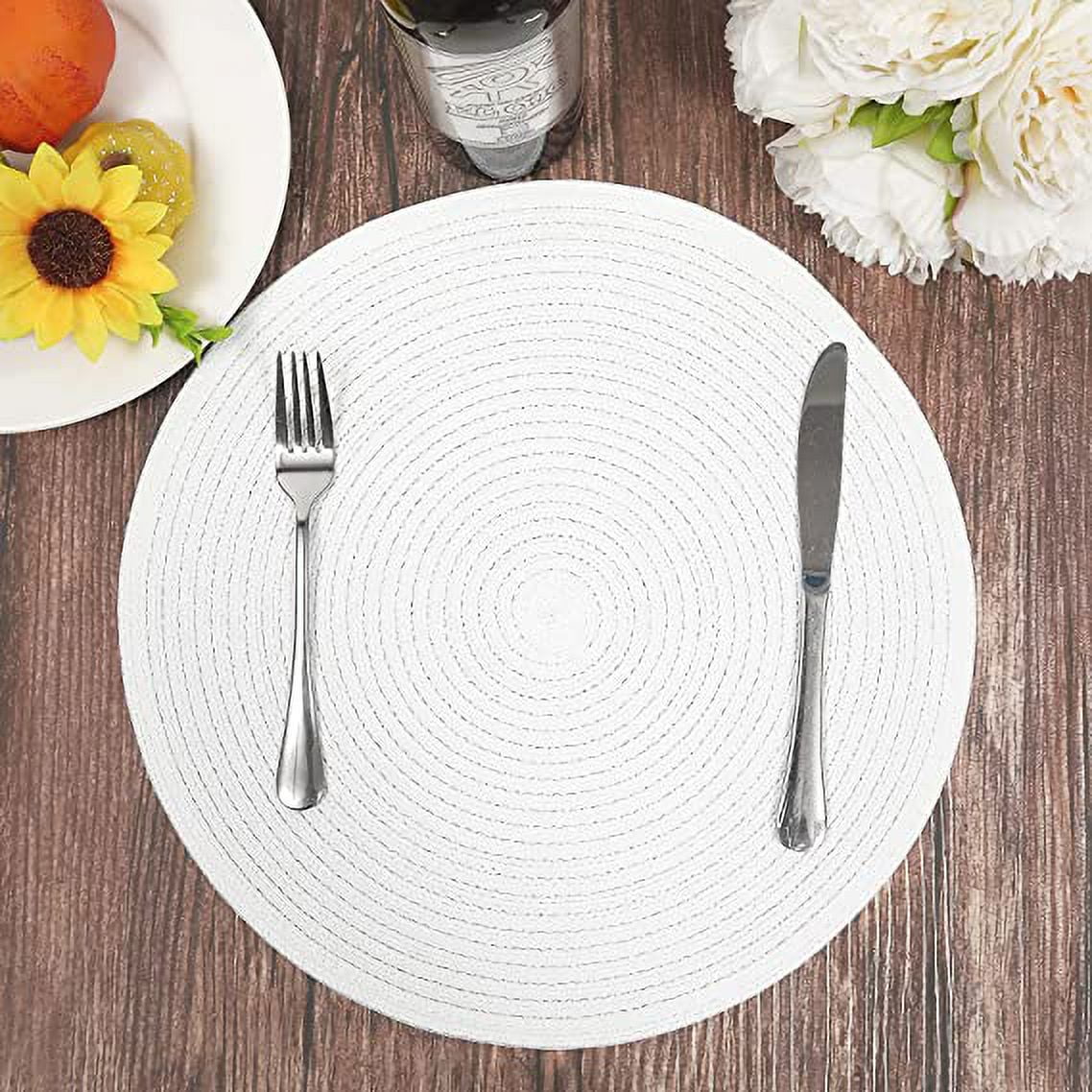 Namzi Round Braided Placemats Set of 6 Round Table Mats for Dining Table 15 inch Washable Cotton Polyester Place Mat (White, 6)