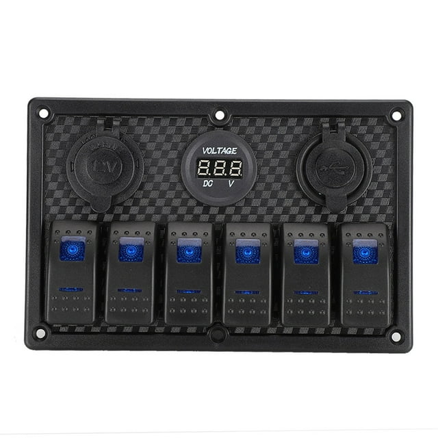 Rocker Switch Panel 4 Gang Rocker Switch Waterproof Rocker Panel Car Toggle Panel Boat Rocker Switch 12V-24V 6 Gang Rocker Switch Panel With Lighter Socket 2 USB Voltmeter Display