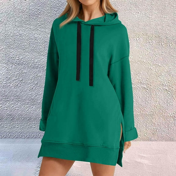 The Warmy Oversized Hoodie Dress, Warmy Hoodie Women's Casual Pullover Split Hem Drawstring Long Sweatshirt Green XL