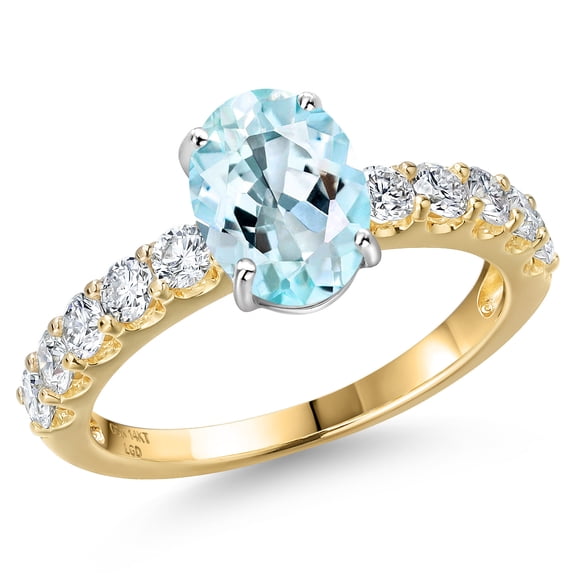 Gem Stone King 14K Two Tone Gold Sky Blue Topaz and Lab Grown Diamond Engagement Ring for Women | 2.65 Cttw | Oval 9X7MM | Gemstone November Birthstone | Size 9