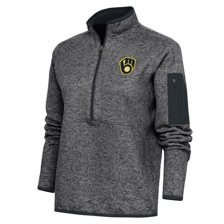 Women s Antigua Heather Charcoal Milwaukee Brewers Logo Fortune Quarter-Zip Pullover Jacket