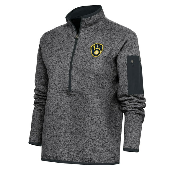 Women's Antigua Heather Charcoal Milwaukee Brewers Logo Fortune Quarter-Zip Pullover Jacket