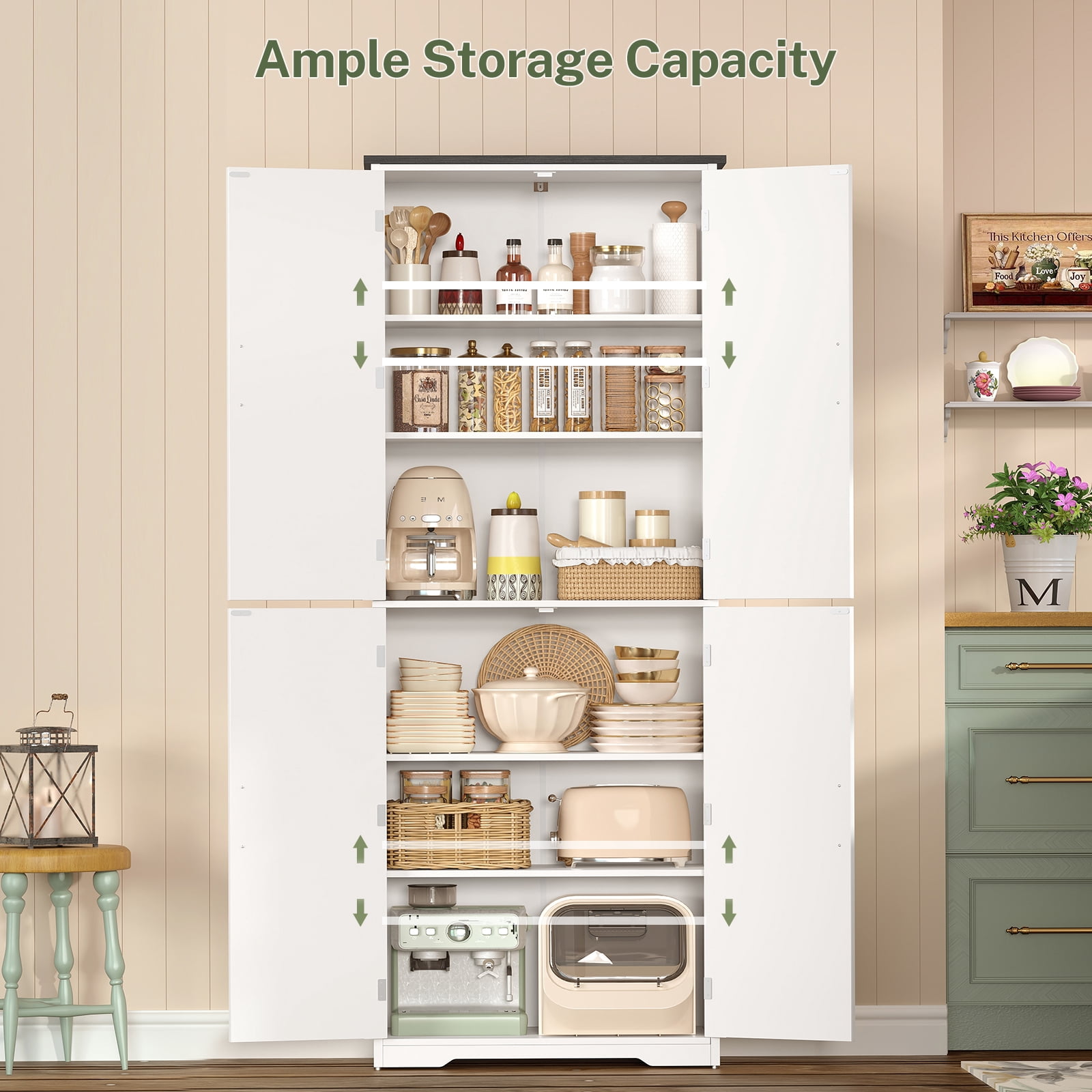 TEENFON 67" Kitchen Pantry Cabinet with 4 Doors, Farmhouse Pantry Cabinet with Adjustable Shelves, Storage Cabinet for Kitchen, Bathroom, White