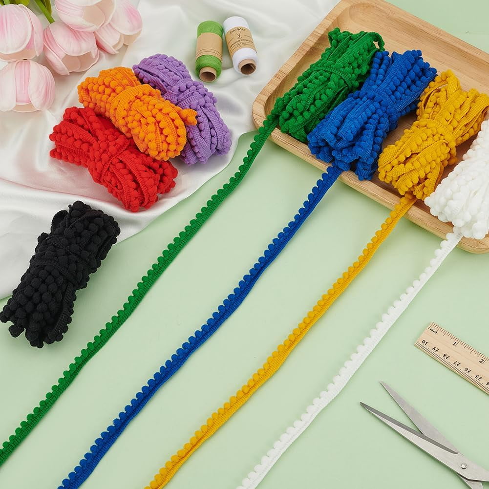 40 Yards Pom Pom Fringe Trim 3/8/10mm Balls Fringe Trim Multicolor Pom Pom Ball Fringe Trim Ribbon Pom Fringe Tassel Lace Ball Fringe Ribbon for Decoration DIY Crafts Sewing Colorful