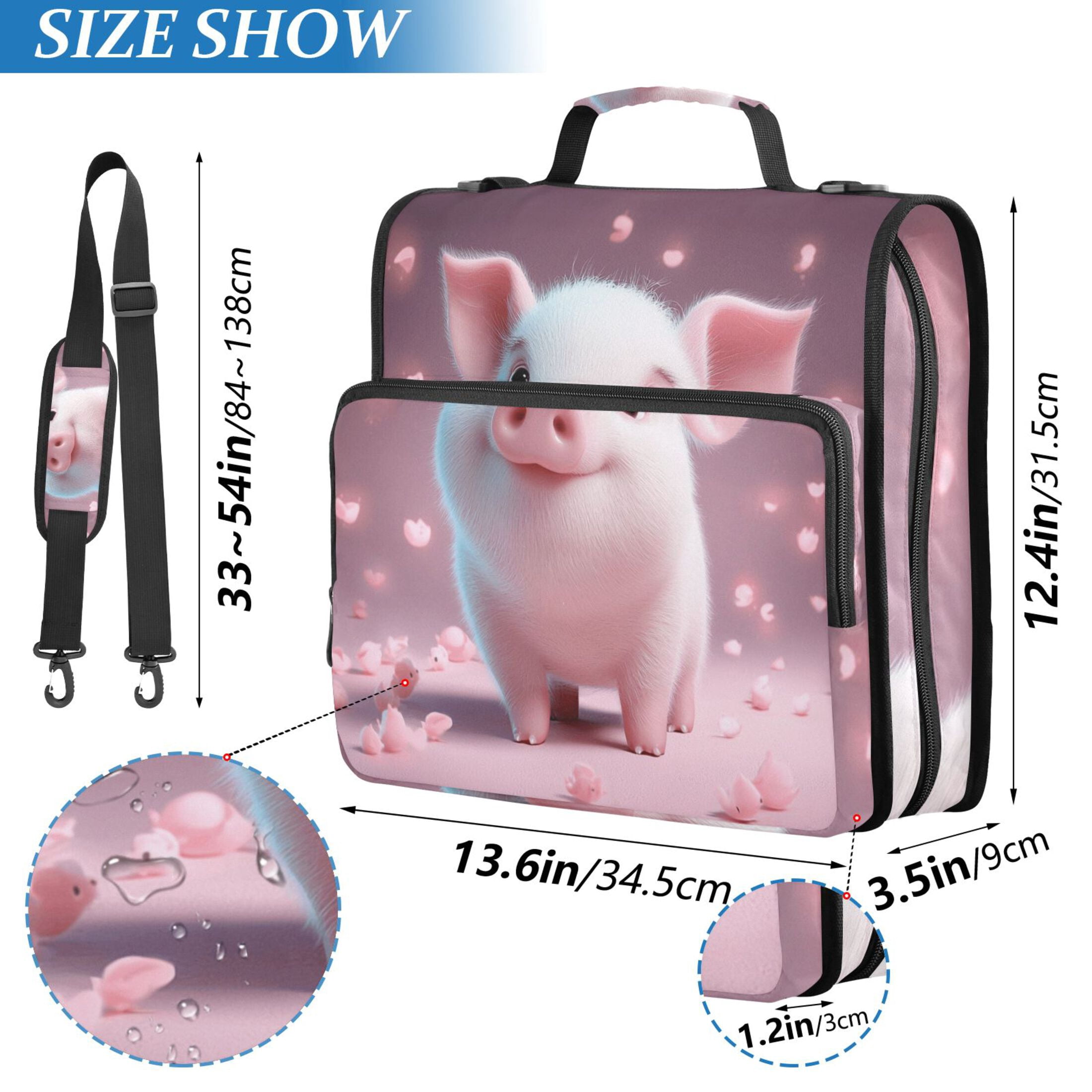 3 Ring Zipper Binder with Shoulder Strap Waterproof Trapper Keeper 2 Inch D-Ring 500 Sheets Capacity Cute Pig and Petals
