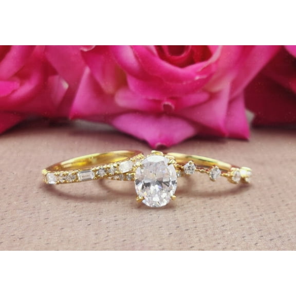 Bluebelljewels Engagement Wedding Bridal Ring Set Oval Cut Cubic Zirconia 14K Yellow Gold Finish