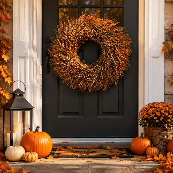 Artificial Fall Nandina Wreath for Front Door Decoration (Orange-Green)