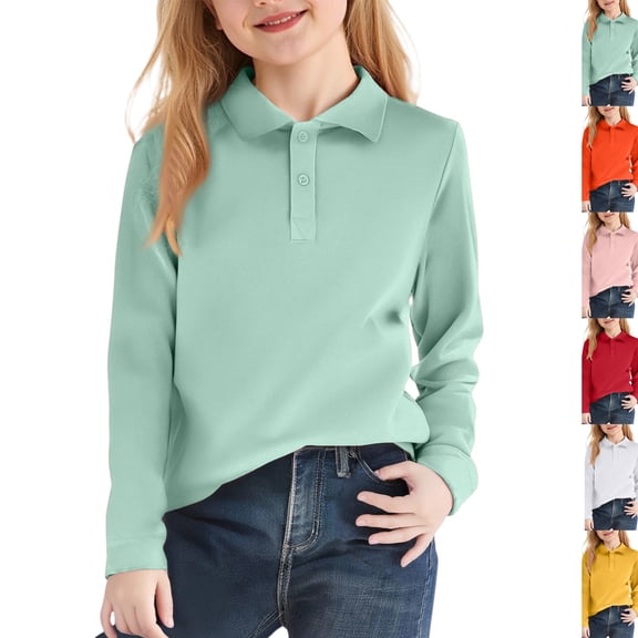 Girls Collared School Uniform Polo Shirts Kids Long Sleeve Pique Polo Shirt,Mint Green,8-9 Years
