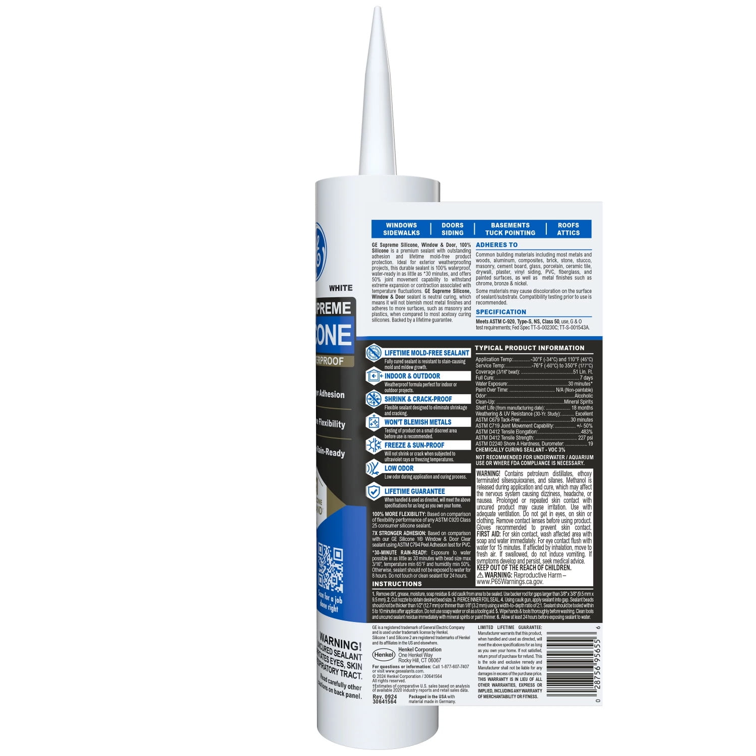 (4 pack) GE Supreme Silicone Window & Door Sealant, Pack of 1, White 10.1 fl oz Cartridge