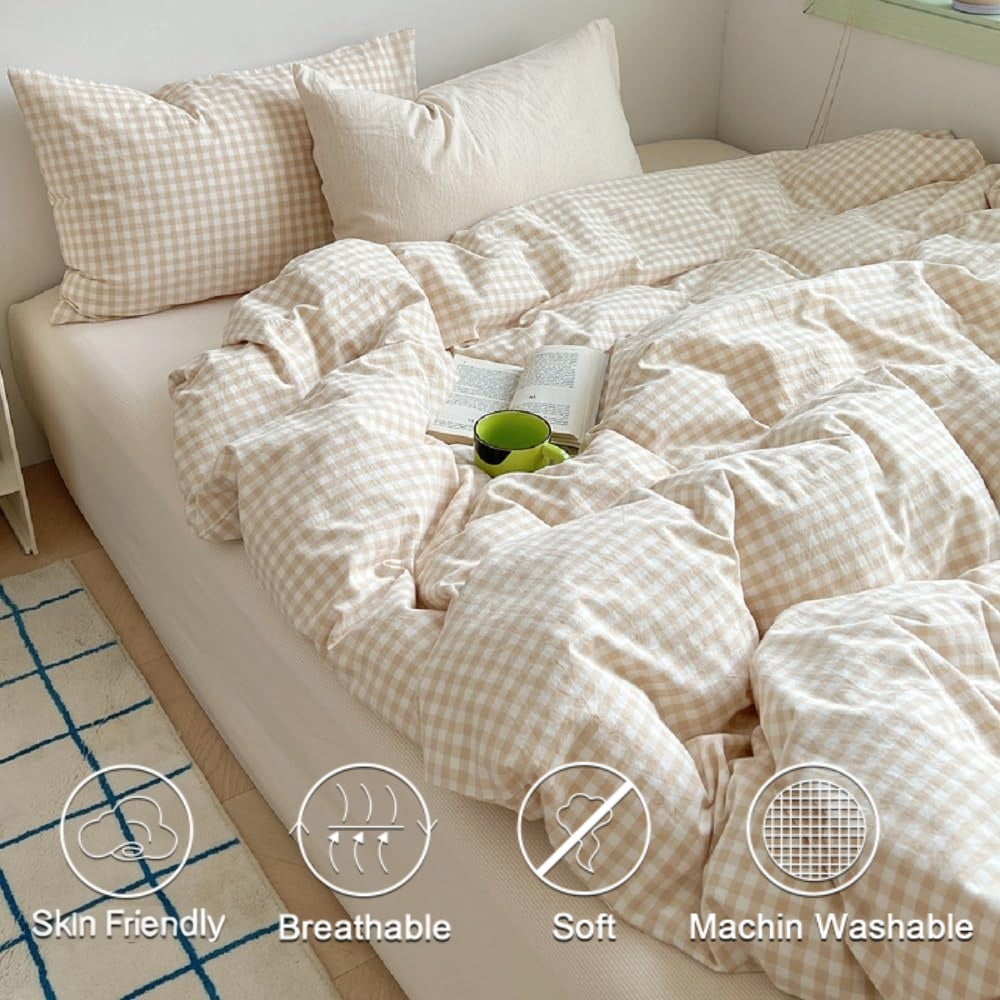 JOLUSERE Soft Beige White Plaid Comforter Twin Sets, 2 Pieces Breathable Plaid Buffalo Checkered Comforter for All Season