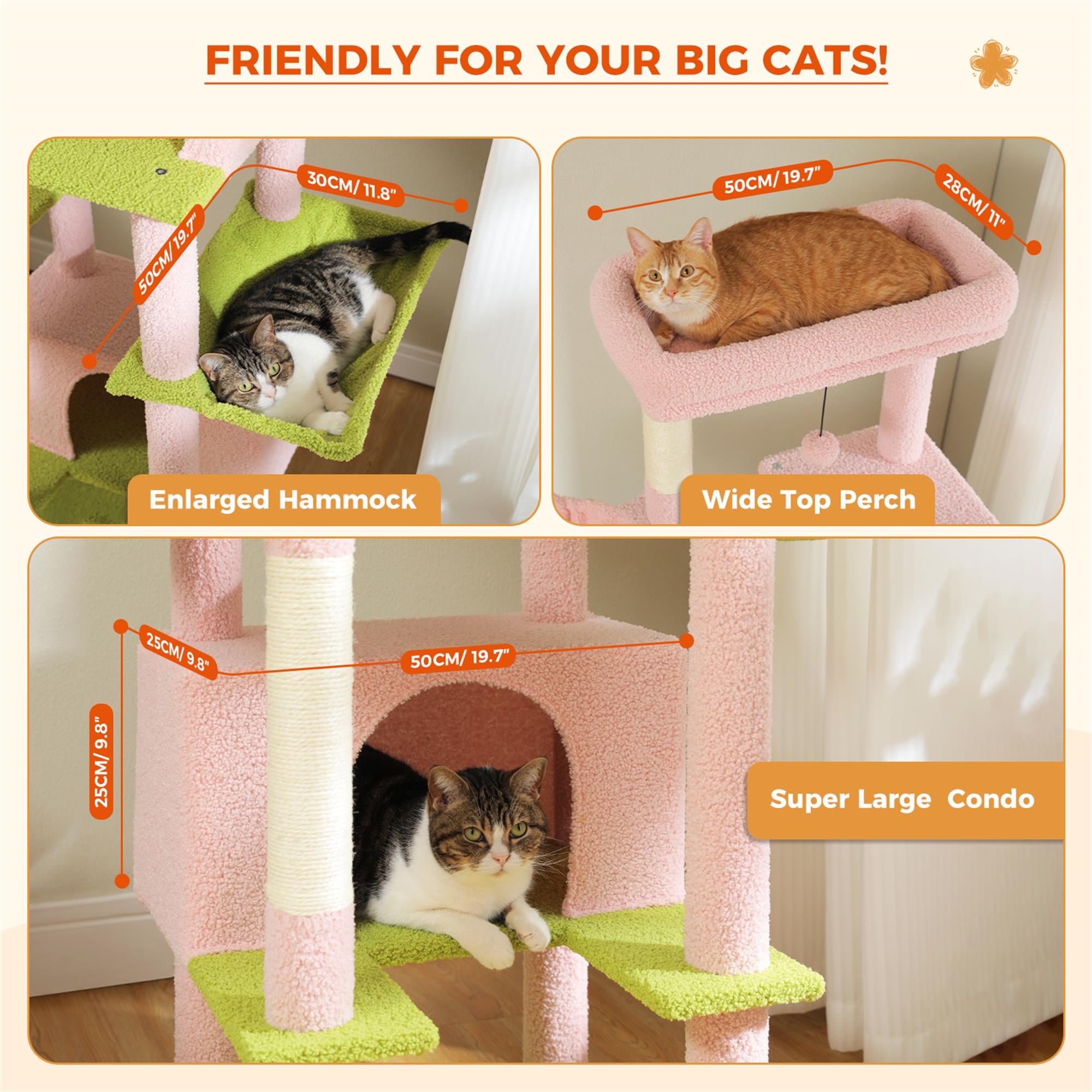 Kadyn 66" Cat Tree Tower for Big Cats, Cat Tree House Furniture with Hammock, Indoor Cat Condo for Adult Cats, Pink