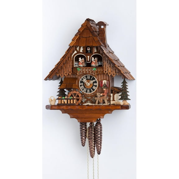 Cuckoo Clock Black Forest house with moving wood chopper and mill wheel