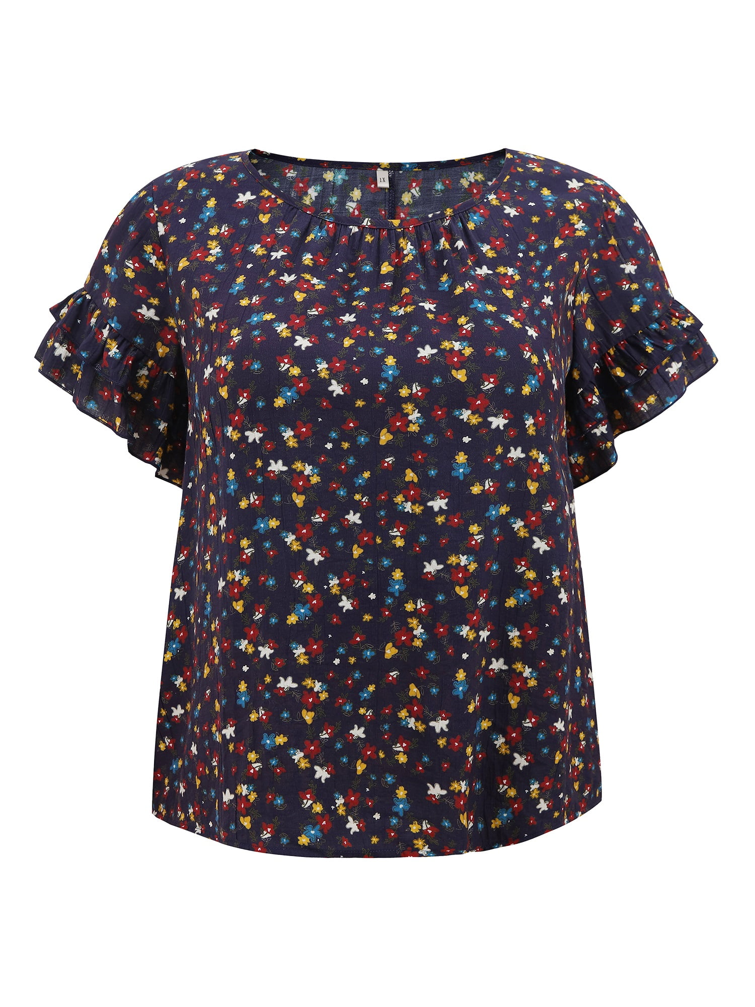 DARING DIVA Women's Plus Floral Print Ruffles Blouse 2X Dark Blue