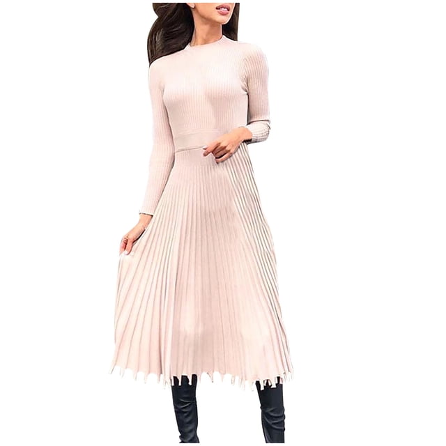 Robe Plissée pour Femmes Mode Femmes Robe Tricotée Unie Manches Longues Robe Plissée de Base