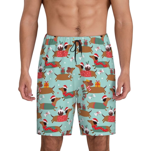Balery Dachshund Christmas Play Pantalones cortos de pijama de punto de algodón para hombre con cinturilla y bolsillos-3X-Large