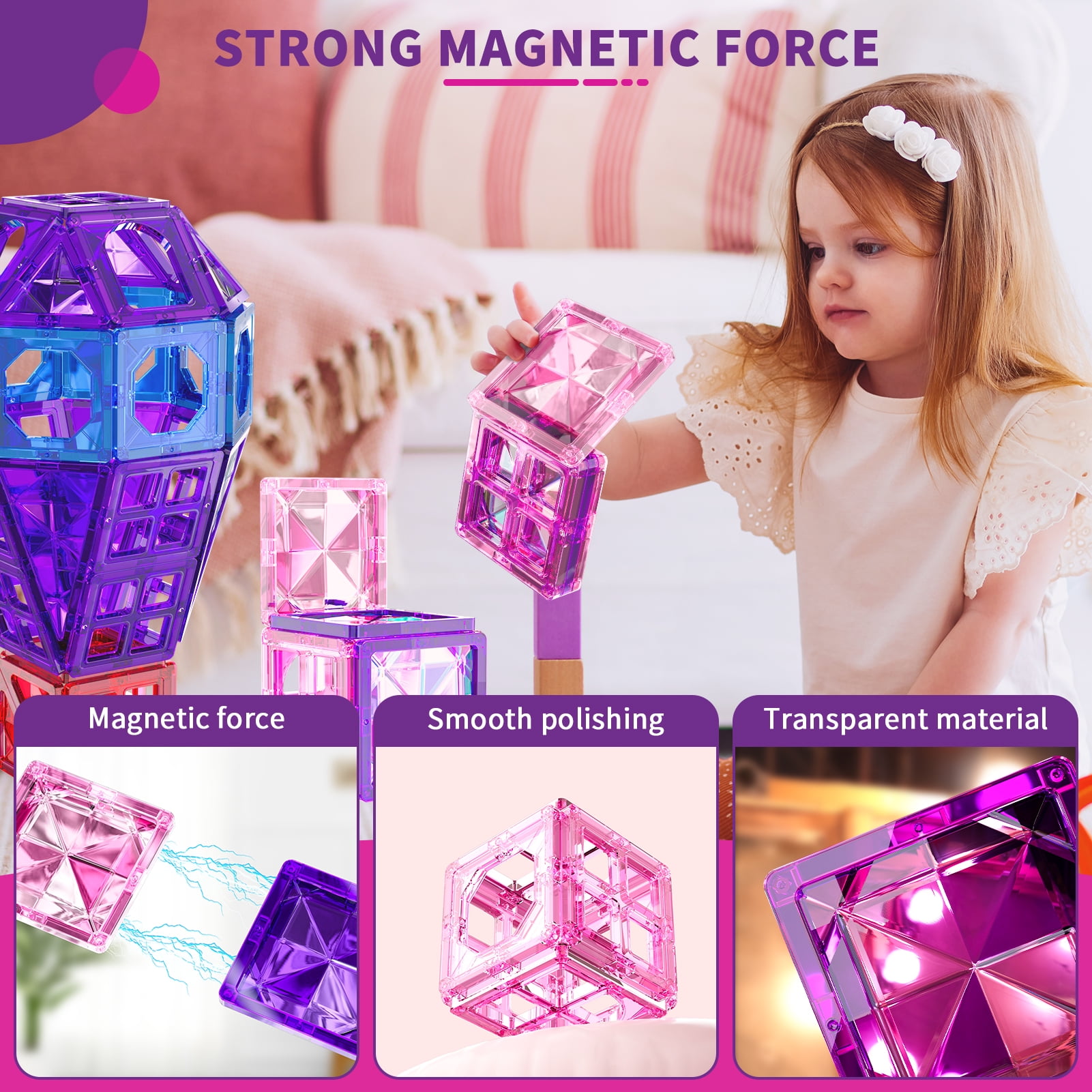 Lucky Doug 66 PCS Magnetic Tiles for Kids Girls, Construction STEM Building Blocks Educational Toy, Building Toys for Girls Ages 3+