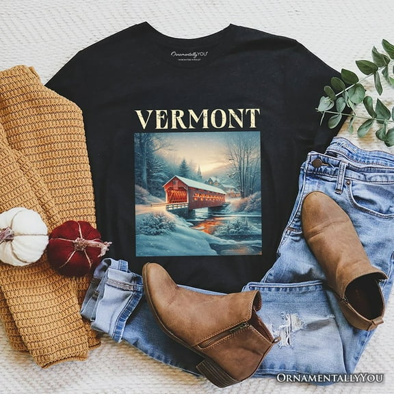 Rustic Red Covered Bridge Vermont State T-Shirt, New England Historical Tee and Travel Souvenir