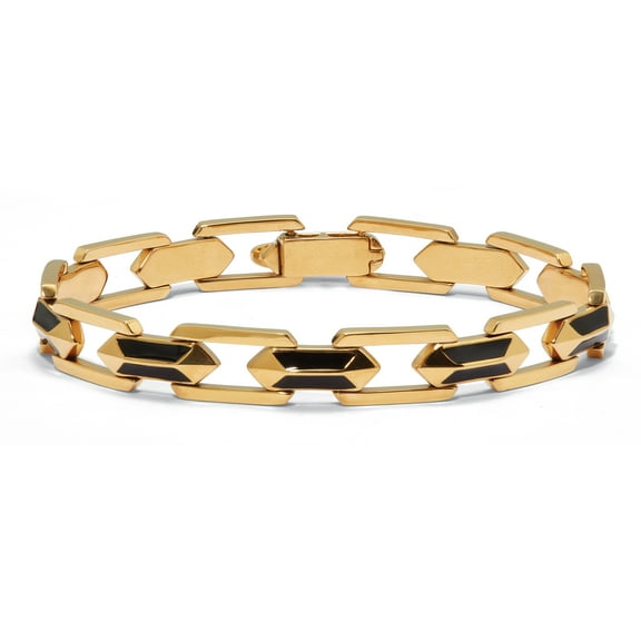 Men's Gold Ion-Plated Stainless Steel and Black Enamel Link Bracelet 8-inch