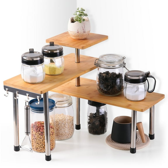 Ollieroo 3 Tier Corner Shelf Bamboo Countertop Organizer Bookshelf Display Shelves Space Saving Rack for Living Room Kitchen Office with Hooks