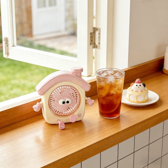 Cute House Shaped Mini Desk Fan - Rechargeable Individual Fan with Animation Plan for Home Office Bedroom