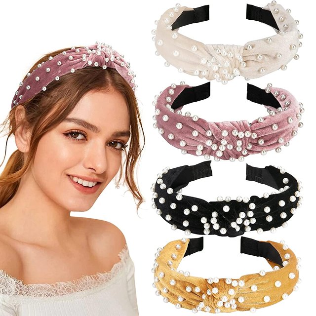Paquete de 4 diademas anchas de terciopelo, diadema de turbante de nudo, diadema vintage para la cabeza con perla sintética, aros elásticos, accesorios para el cabello de moda para mujeres y niñas, G Afortunado Sencillez