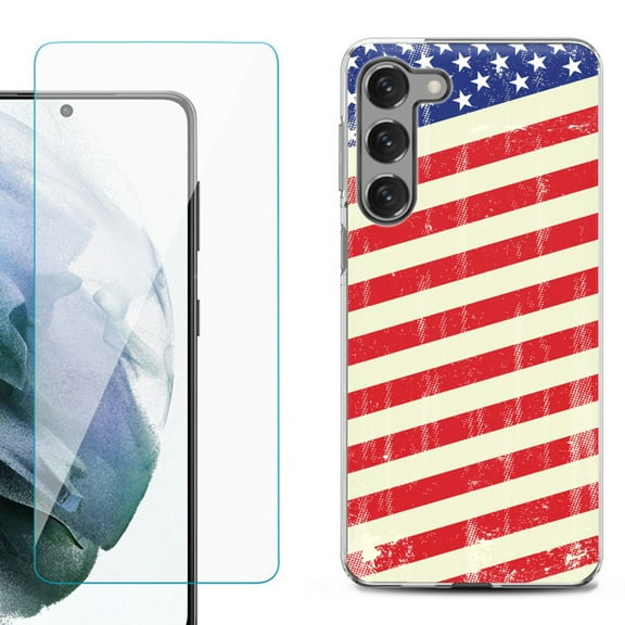 Shockproof Fashion Phone Case for Samsung Galaxy S23  / S23 Plus 5G, with Tempered Glass Screen Protector, by OneToughShield ® - Flag / USA