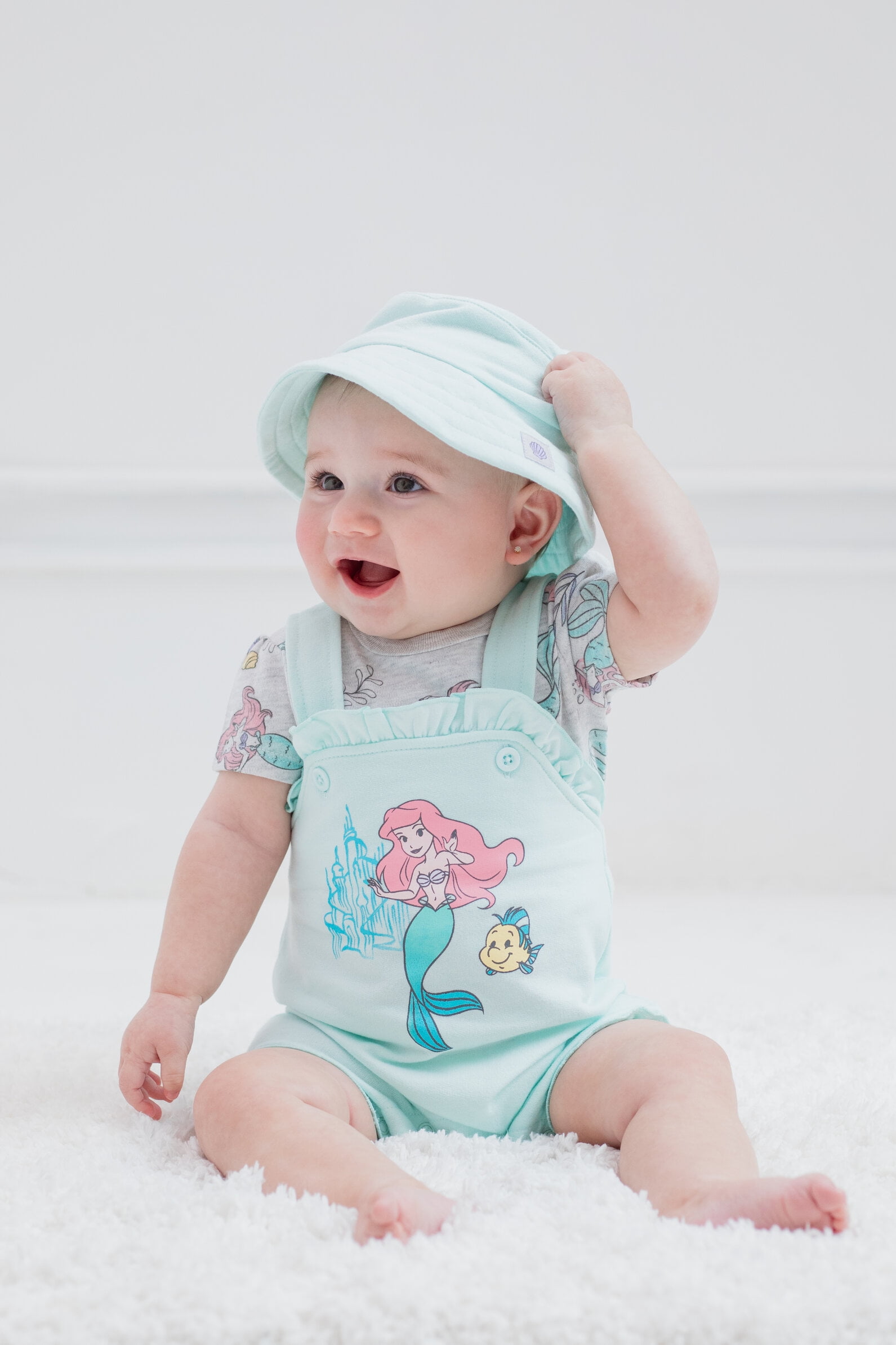 Disney Princess Ariel Infant Baby Girls French Terry Short Overalls T-Shirt and Hat 3 Piece Outfit Set Newborn to Infant