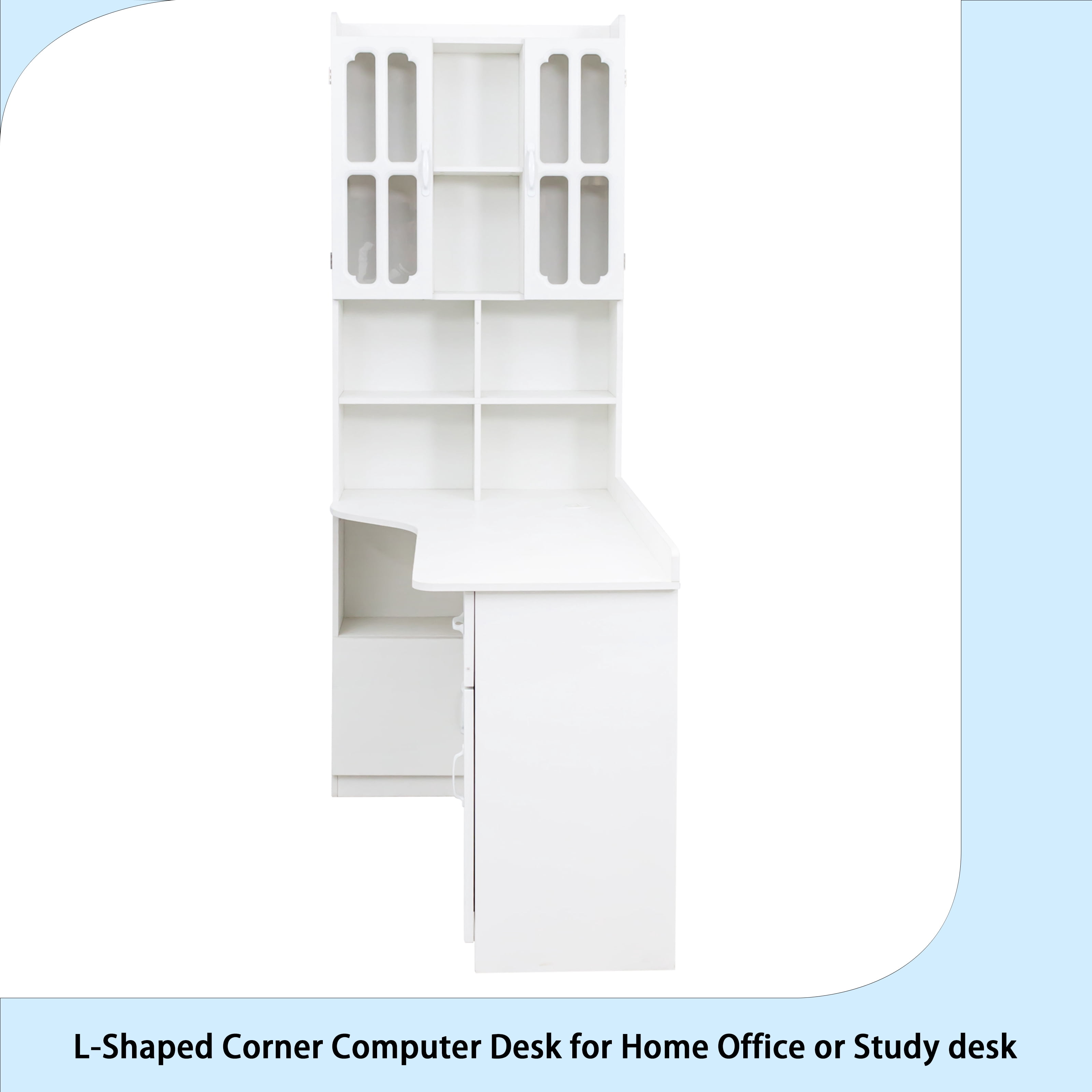 L-Shaped Corner Computer Desk for Home Office or Study desk, Study Modern Style Table with Drawers, Bookshelf & Hutch, 2-in-1 L-Shaped Design, Large Working Space,white