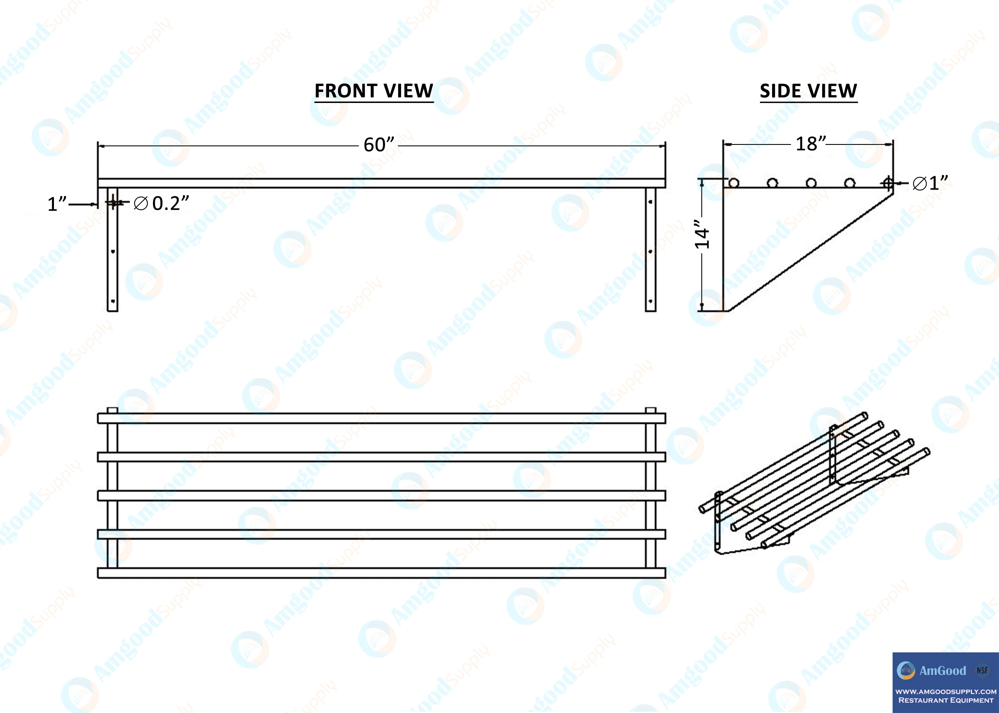 AmGood 60" Long X 18" Deep Stainless Steel Tubular Wall Shelf | NSF Certified | Appliance & Equipment Metal Shelving