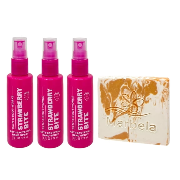 Bath & Body Works Strawberry Bite 3 - Hand Sprays - (1 fl oz / 29 ml Each) with a Peach Gardenia Mini Soap