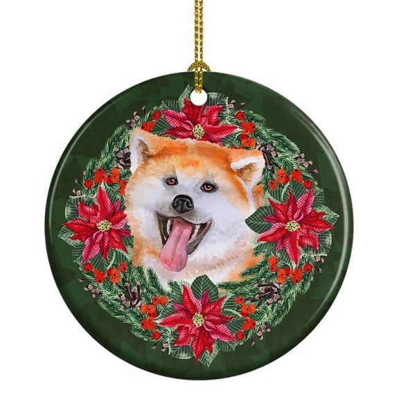 Akita Poinsetta Wreath Ceramic Ornament 2.8 in x 2.8 in