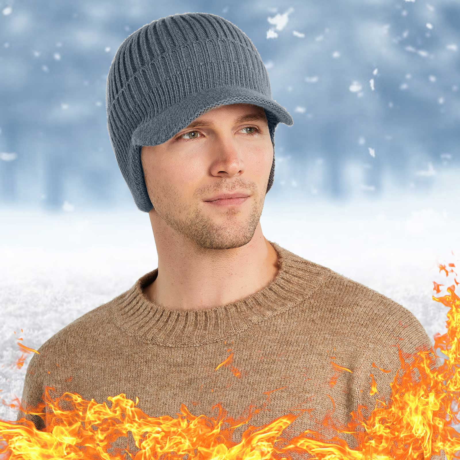 DxhmoneyHX Men's Winter Visor Beanie Hat with Earflaps Knit Baseball Cap  with Brim Ski Hat Warm Fleece Lined Hunting Hat 