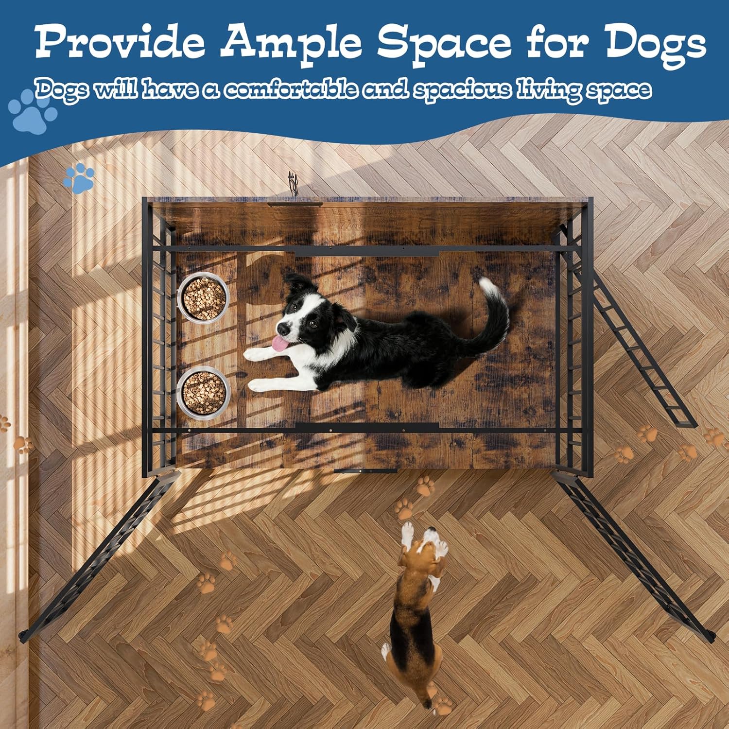 48" Dog Crate Furniture for Large Dogs, Wooden Dog Kennel with 360° Rotating Feeder Bowls and 3 Doors, Indoor Dogs Crates with USB Charging Station, Heavy Duty Medium Dog Cage