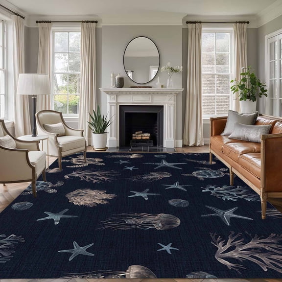 8'x10' Area Rugs, Navy Blue Coastal Indoor Outdoor Area Rug for Living Room Bedroom, Nautical Summer Beach Sea Turtle Starfish Washable Bathroom Rugs Kitchen Floor Carpet Mats Home Decor Aesthetic