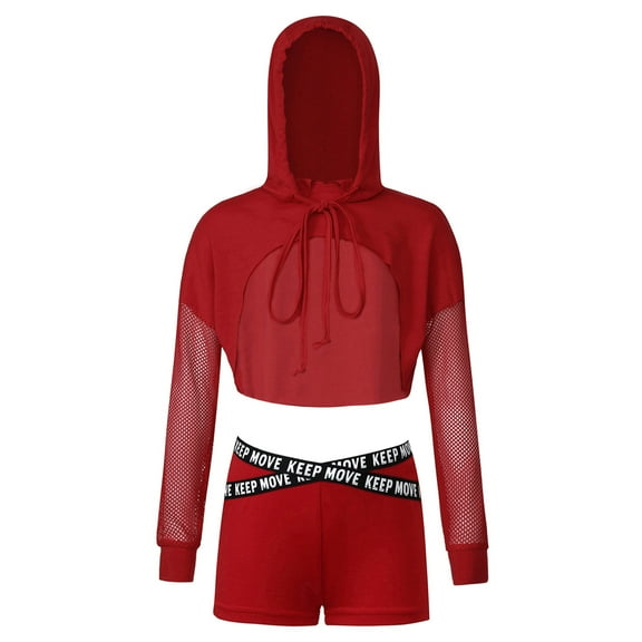 YONGHS Kids Girls 2 Piece Athletic Sport Hip Hop Dance Outfits Hooded Sweatshirt and Shorts Set Red 14