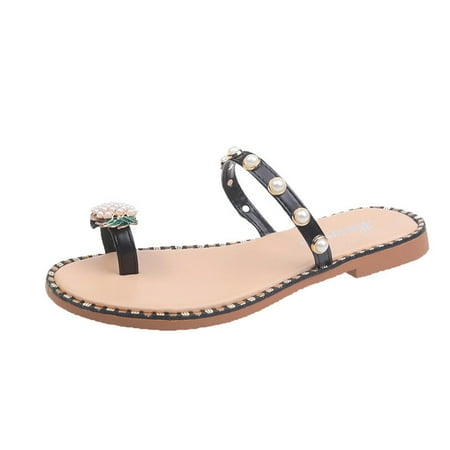 

uikmnh Women Slippers Sandals For Women Pearl Casual Slippers Sandals Slippers Flat Shoes Bohemian Style Beach Shoes Black 7.5