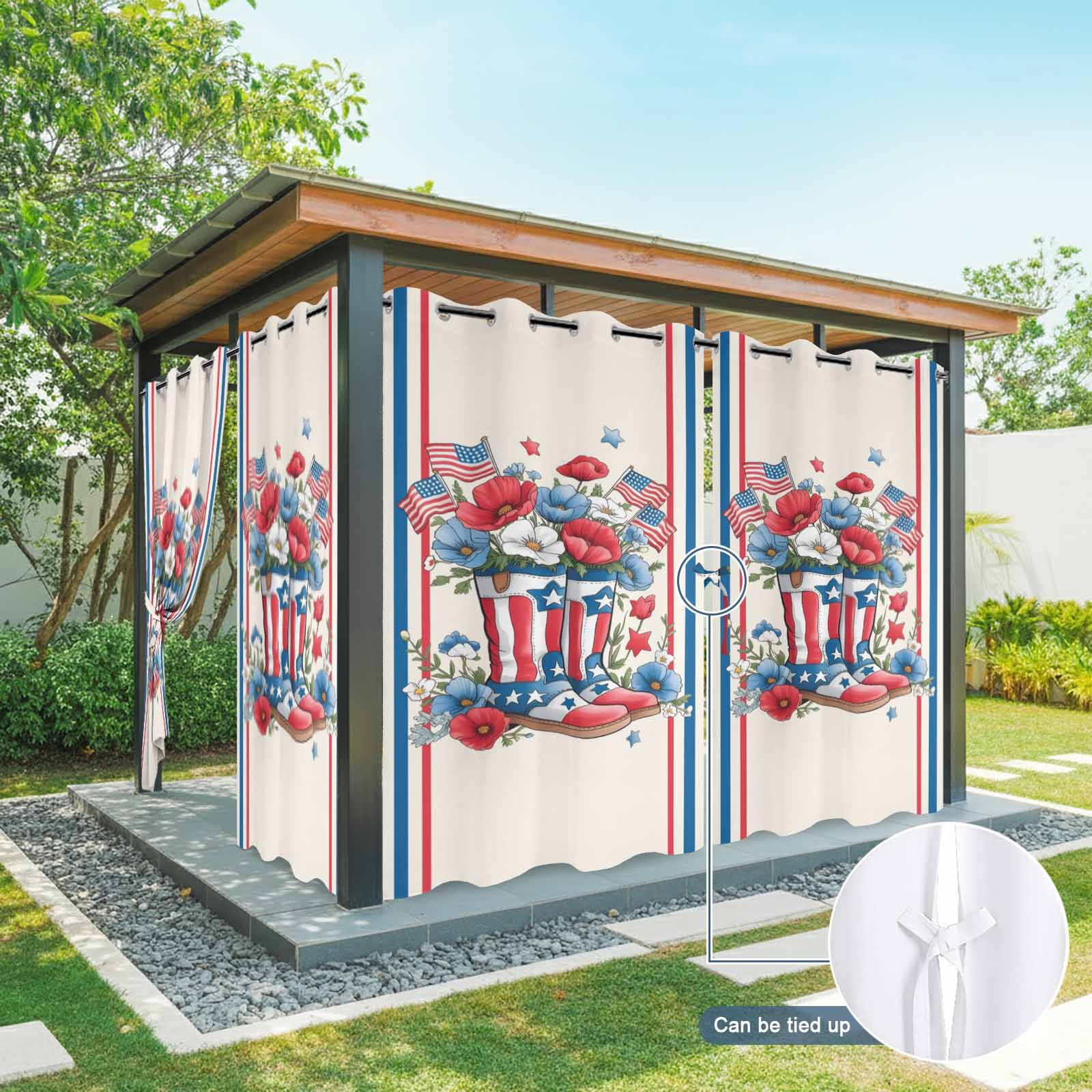 Independence Day Outdoor Curtains for Patio, U.S. Flag Themed Cartoon Boots Flowers Stripes Sunshade Privacy Drapes Grommet Waterproof Outside Curtains for Porch/Cabana/Balcony 54"x 108", 1 Panel