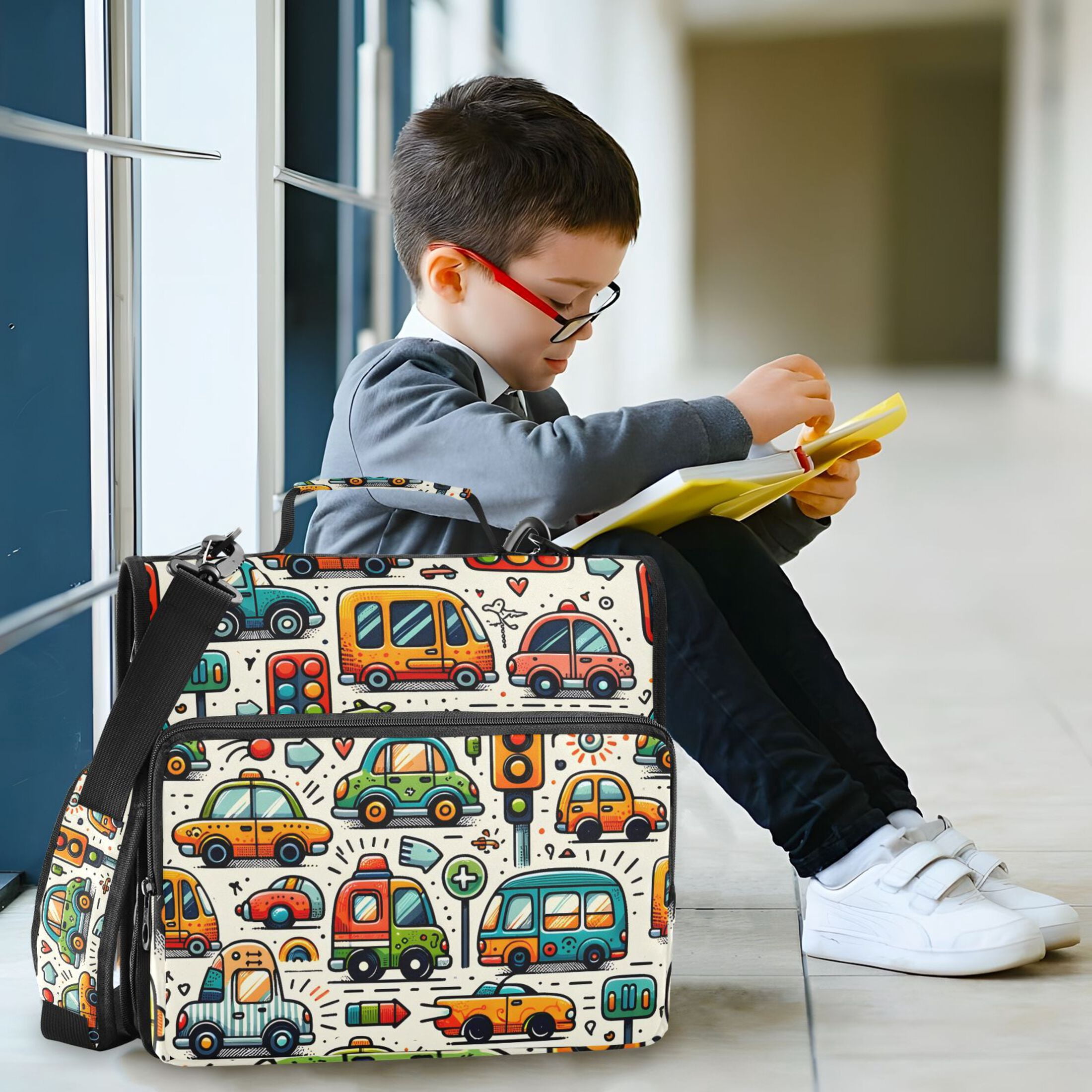 3 Ring Zipper Binder with Shoulder Strap Waterproof Trapper Keeper 2 Inch D-Ring 500 Sheets Capacity Cartoon Cars Indicator Roadsign