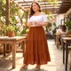 thumbnail image 3 of Falda Maxi A-Line Elástica de Cintura Alta para Mujeres de GRACE & GRANDEUR, Talla Grande, Flowy, Casual, Playa, 2X Caramelo, 3 of 7