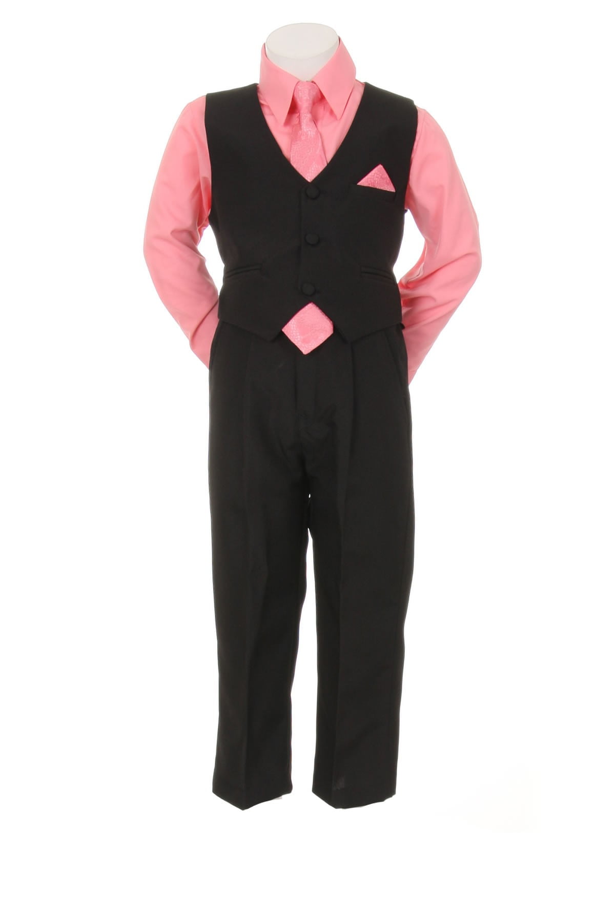 pink shirt with black waistcoat