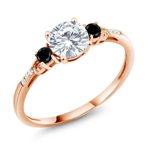 Gem Stone King 10K Rose Gold White  Moissanite Black Diamond and White Diamond Accent 3-Stone Engagement Ring for Women (0.97 Cttw, Round 6MM, Gemstone Birthstone, Size 5)