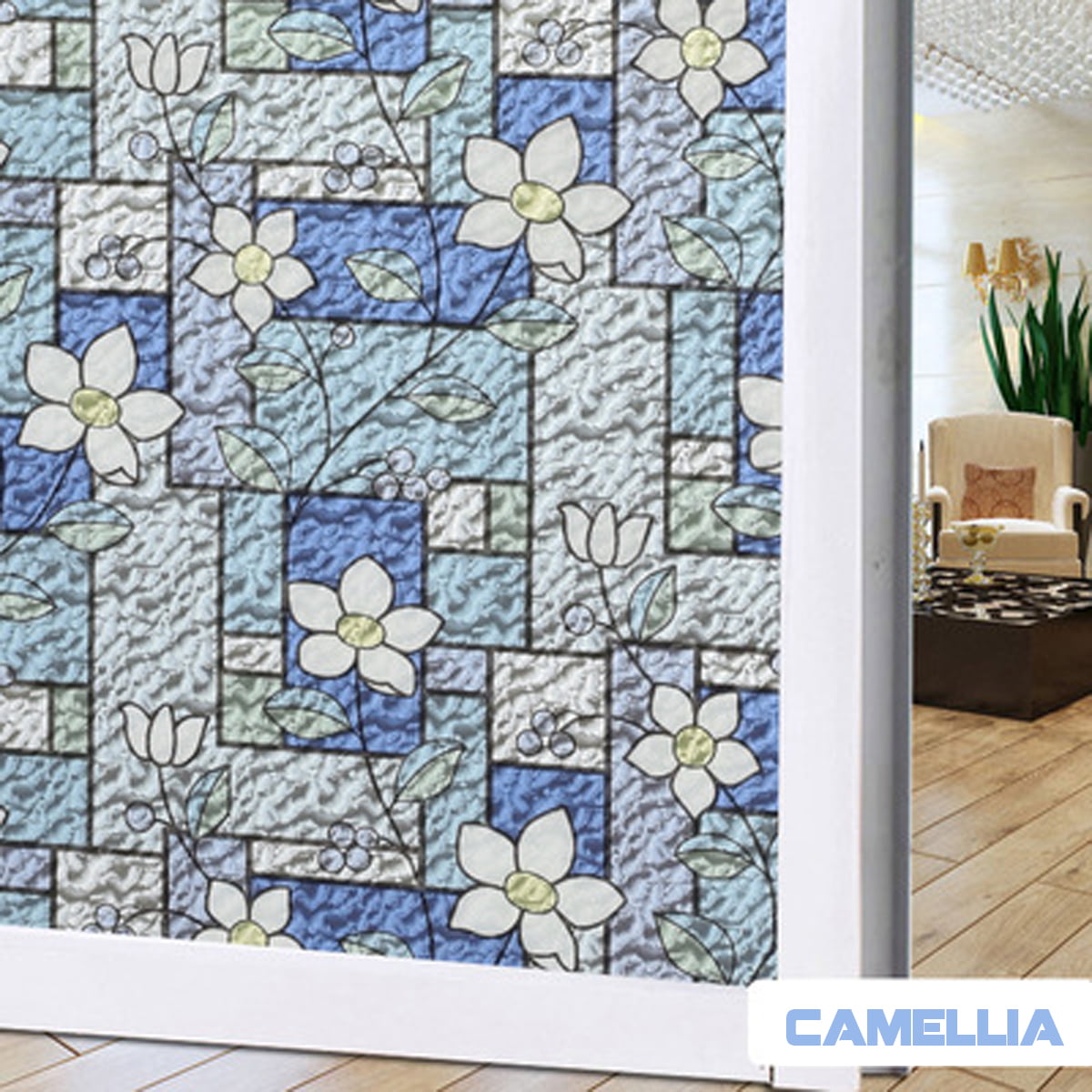 Little Flower Tile Glass Film Blue Small Flower Tile Mosaic Style Privacy Window Film Non-Adhesive Frosted Decorative Glass Film Static Cling Film for Bathroom Shower Room