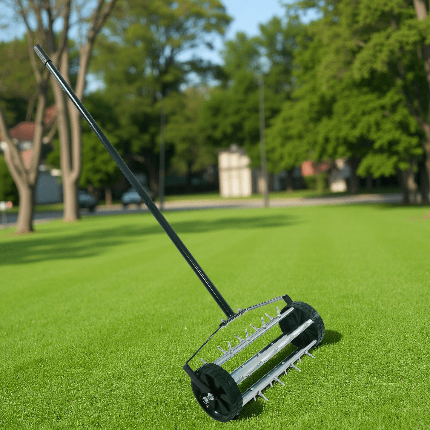 Heavy Duty Rolling Lawn Aerator, Rotary Push Tine Spike Soil Lawn Aerator Gardening Tool with 3-Piece Long Steel Handle for Garden Yard Grass Maintenance,Garden Yard Rotary Push