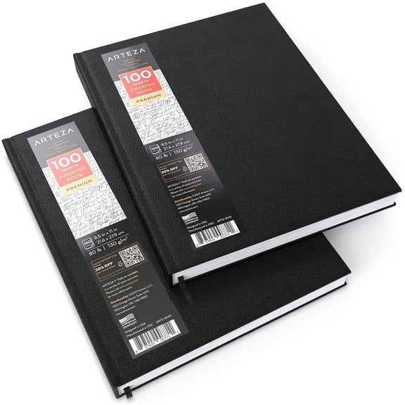 Arteza Hardbound Sketchbook Pack for Drawing or Sketching, 8.5" x 11", 100 Sheets, 2 Pack