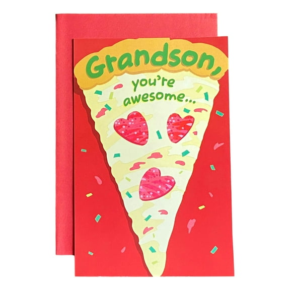 Valentine's Day Greeting Card for Young Grandson - Grandson, you're awesome...; Pizza, Hearts, Confetti