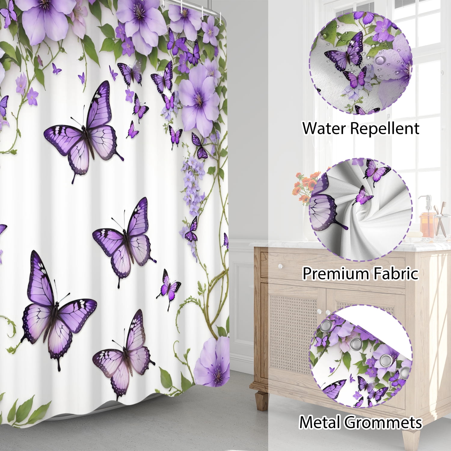 SUNOLIFE Purple Shower Curtain Butterfly Waterproof Fabric Bathroom Shower Curtains, 72x72 in